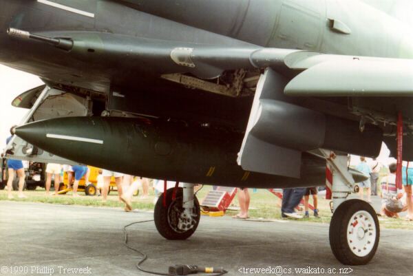 Underside from port showing main undercarriage and external fuel tank.